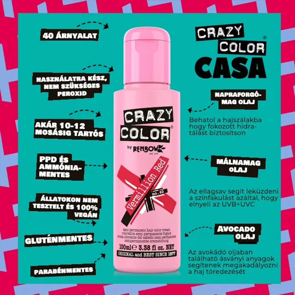 Crazy Color hajszínező 100ml No.40 - Vermillion Red