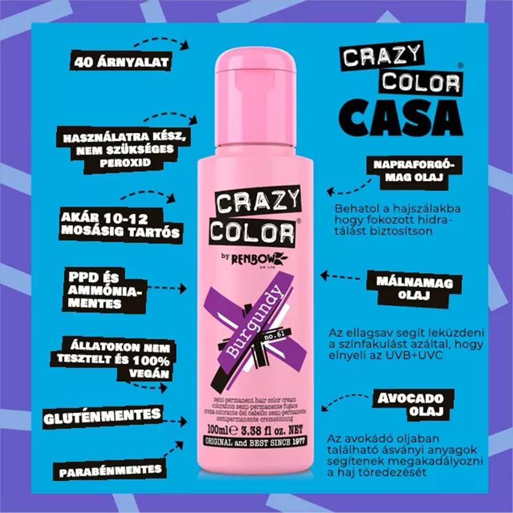 Crazy Color hajszínező 100ml No.61 - Burgundy