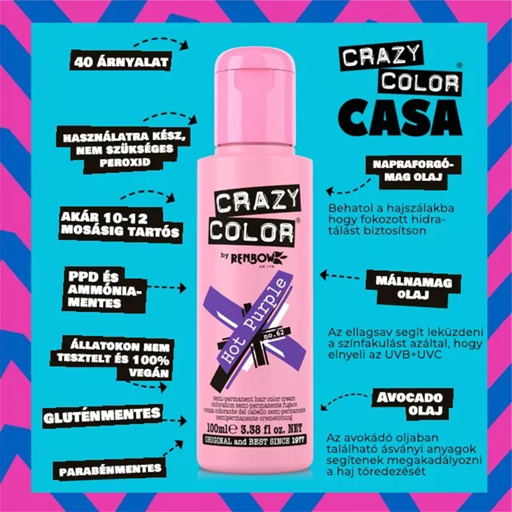 Crazy Color hajszínező 100ml No.62 - Hot Purple