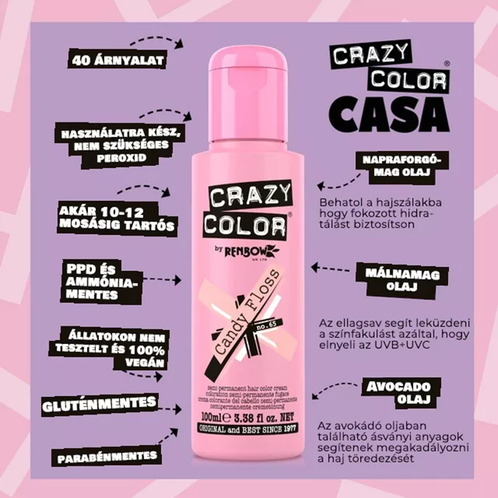 Crazy Color hajszínező 100ml No.65 - Candy Floss